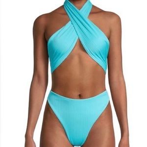 Frankie’s Bikinis Dorthy Plisse Halter Once Piece Swimsuit- Aquamarine